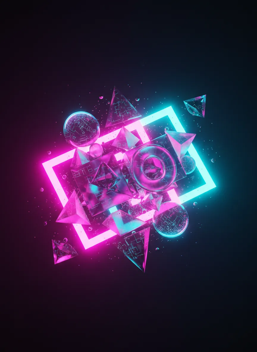 Abstract 3D geometric shapes floating in a void, illuminated by vibrant neon pink and cyan light.