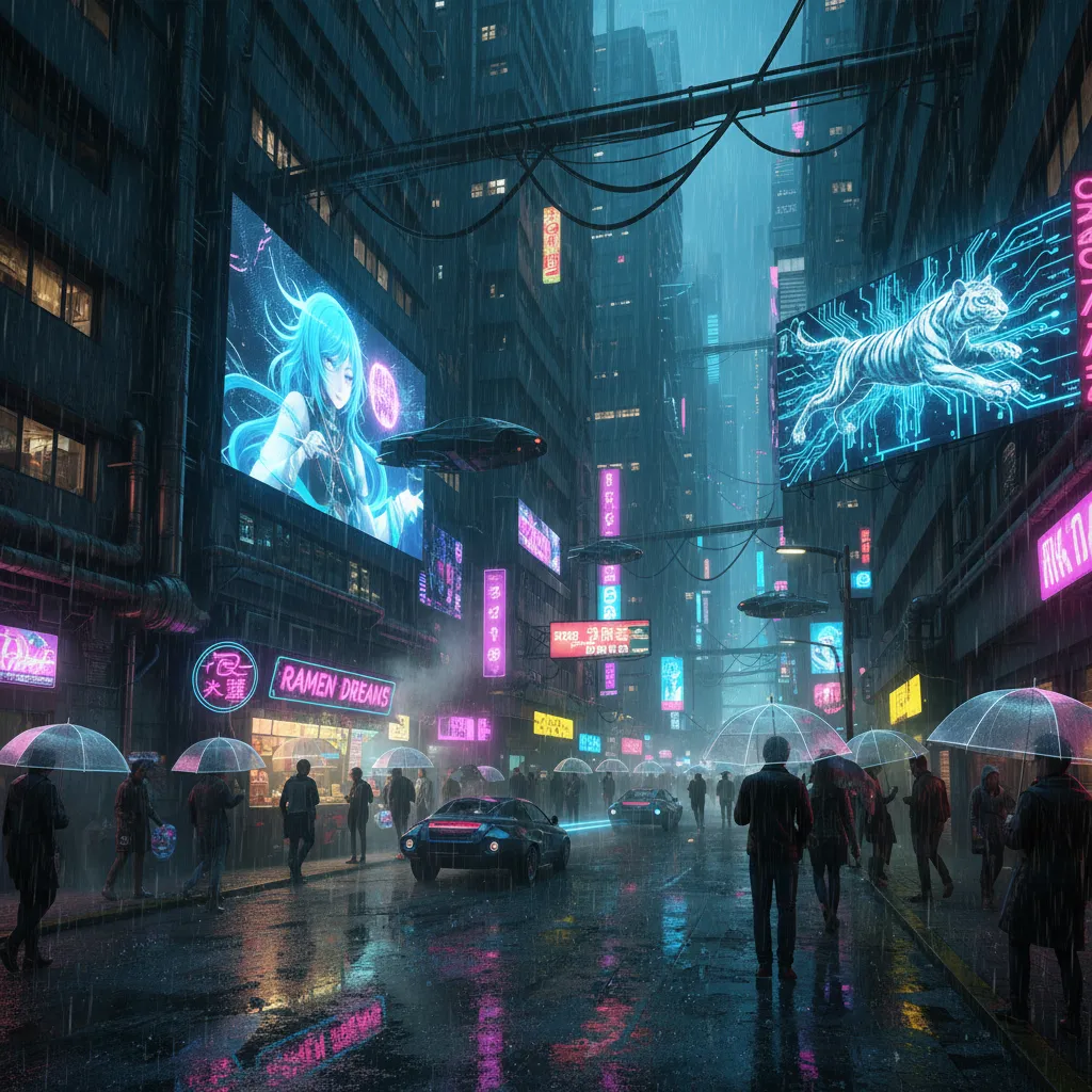 Highly detailed cyberpunk street at night with neon lights reflecting on wet pavement and holographic signs.