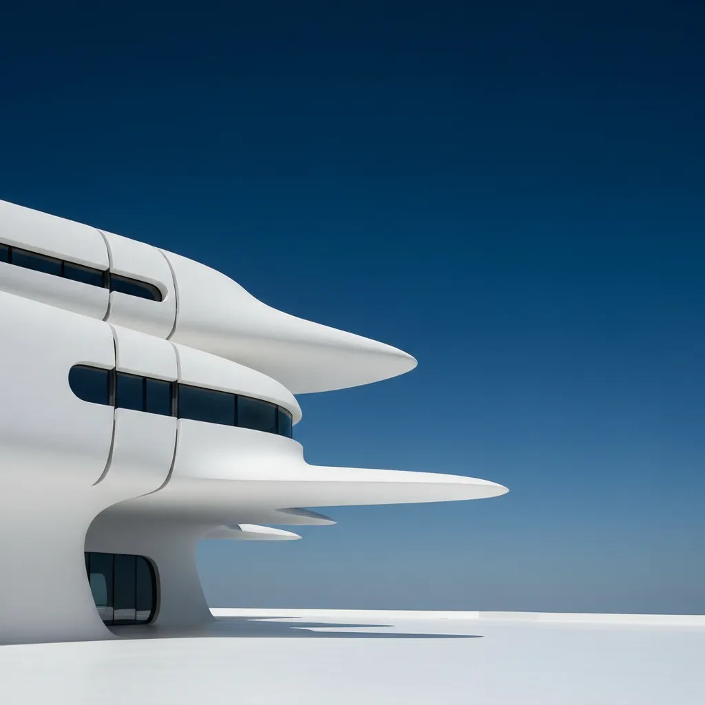 A minimalist white futuristic building with stark shadows against a clear blue sky.