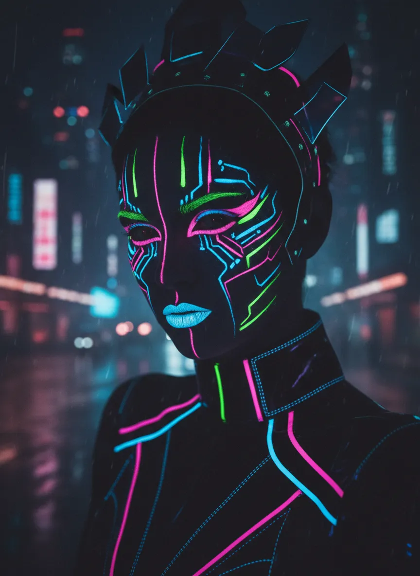 High fashion portrait of a model with glowing neon makeup in dark, futuristic lighting.