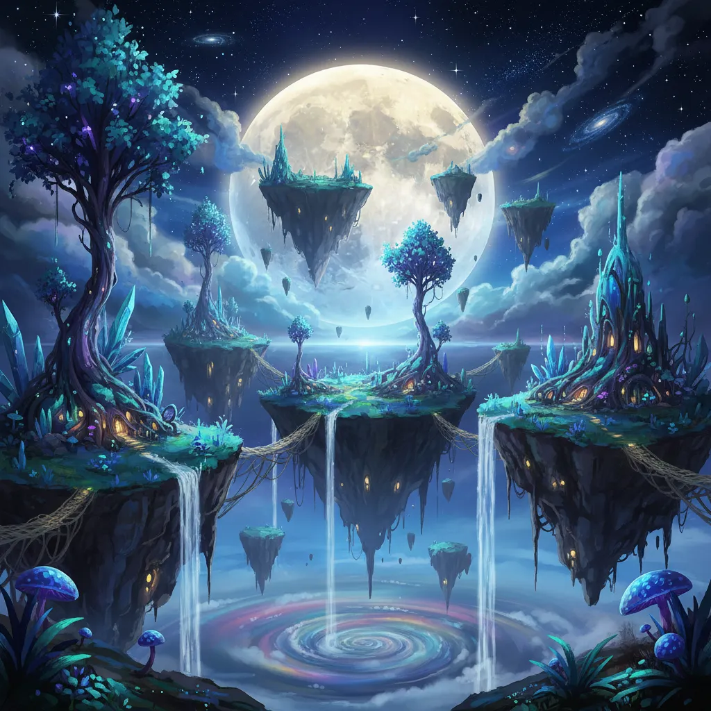 Concept art of a surreal night landscape with glowing floating islands and a giant luminous moon.