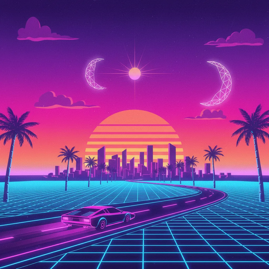 A retro-futuristic synthwave landscape with a glowing wireframe grid and a purple and orange sunset.